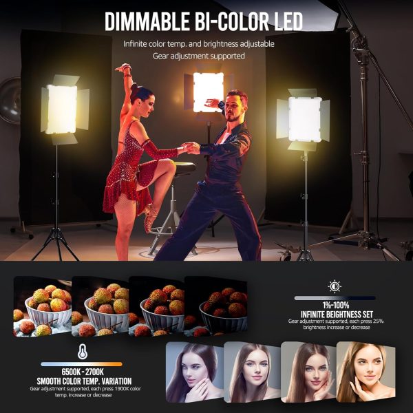 2-Pack Photography Lighting Kit, 36W Bi-Color Studio Lights 2700-6500K CRI 95+, Dimmable LED Video Light Kit with Remote Control & 72” Tripod Stand, Lighting for Video Recording/Photography - Image 3