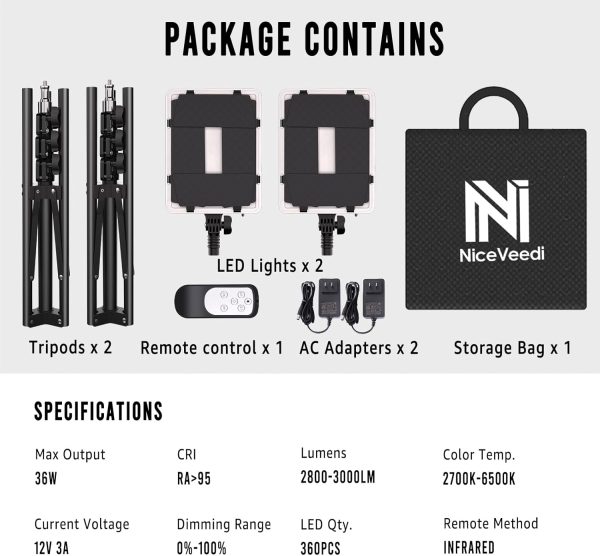 2-Pack Photography Lighting Kit, 36W Bi-Color Studio Lights 2700-6500K CRI 95+, Dimmable LED Video Light Kit with Remote Control & 72” Tripod Stand, Lighting for Video Recording/Photography - Image 7