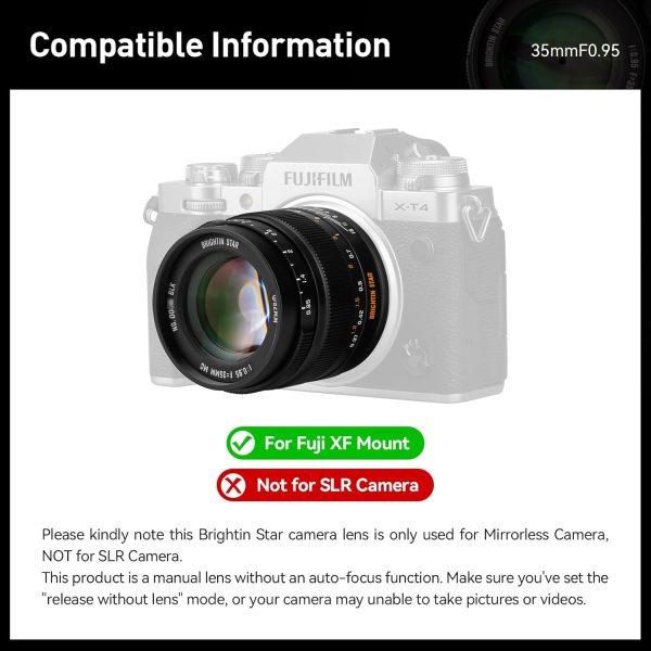35mm F0.95 APS-C Manual Focus Prime Lens for Fujifilm XF-Mount Mirrorless Cameras, Large Aperture Fixed Lens, Fit for XT5, XT4, XT30, XPRO3/1, XT200, XS10, XA7, XE4, XH1(Black) - Image 3