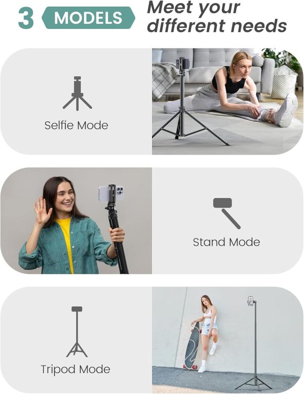 71'' Phone Tripod & Selfie Stick, Tripod for iPhone with Detachable Remote, Portable Phone Tripod Stand for Video Recording, Travel Tripod for Cell Phone, Compatible with Smartphones, DSLR - Image 2