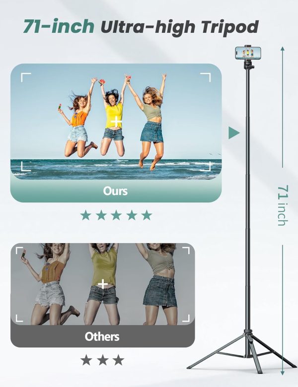 71'' Phone Tripod & Selfie Stick, Tripod for iPhone with Detachable Remote, Portable Phone Tripod Stand for Video Recording, Travel Tripod for Cell Phone, Compatible with Smartphones, DSLR - Image 4