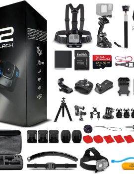 GoPro HERO12 (Hero 12) Black – Waterproof Action Camera with 5.3K HDR Video, 27MP Photos, 1/1.9″ Image Sensor, Live Streaming, Webcam, Stabilization + 64GB Card & 50 Piece Accessory Kit – Bundle